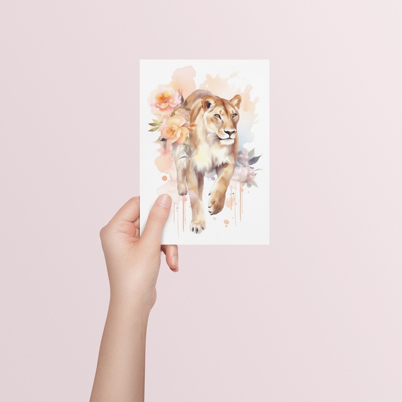 Watercolor Lioness With Flowers Portrait Wall Art Illustration Print Unframed - Picture 6 of 6
